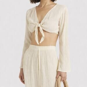 Savannah Morrow Womens Amarillo Peace Silk Bamboo Tie Front Crop Top XS Cream